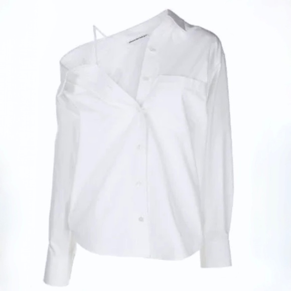 Alexander Wang Bright White Off-The-Shoulder Scrunchie Strap Shirt Sz Sm… - Picture 7 of 8